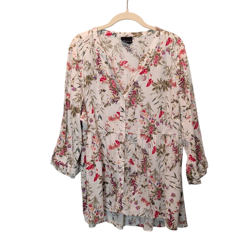 Jones NY Women's Plus Sz 1X Floral Linen Blend Button Up Shirt Roll Tab